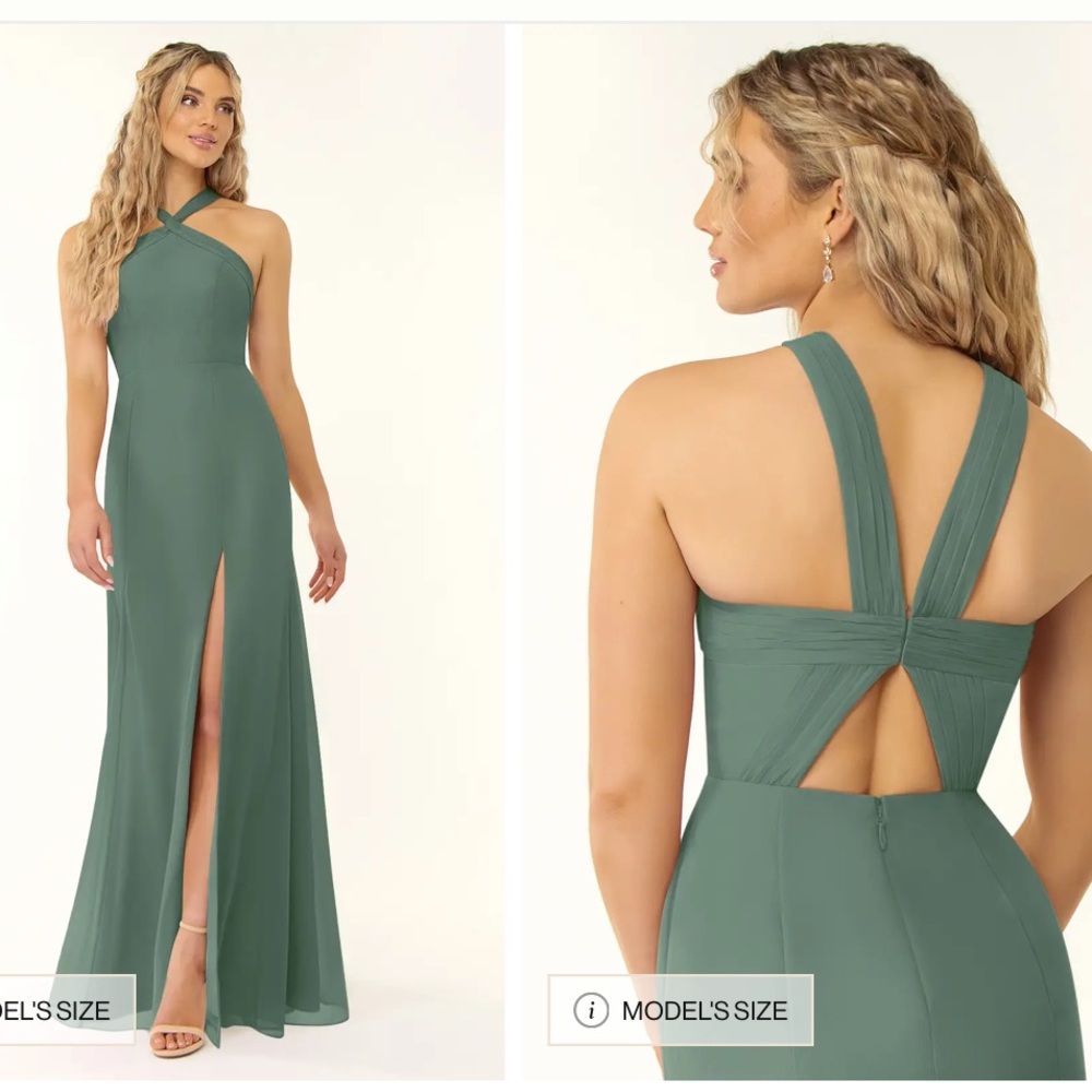 Azazie “Rue” Green A-Line Halter Dress with Slit.